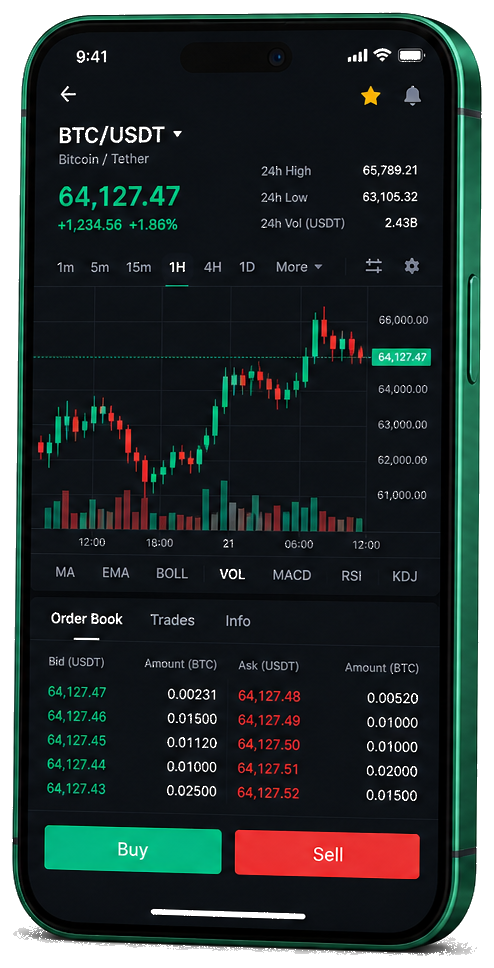 Interface mobile de trading Vaste Rendébrance — cours BTC/USDT en direct, carnet d’ordres et outils de surveillance des opérations